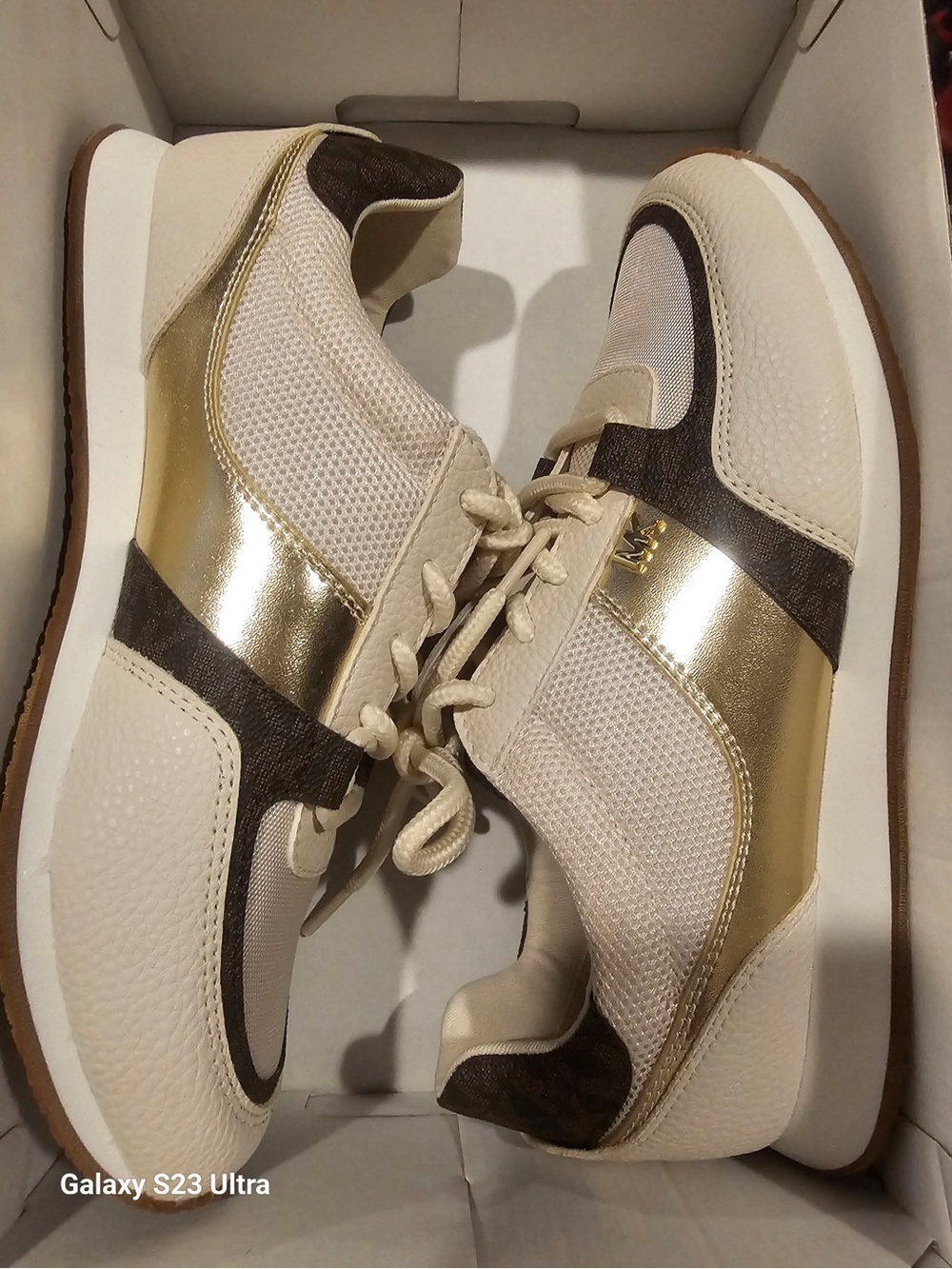 Michael Kors Cream, Gold & Brown Mixed-Media Sneakers